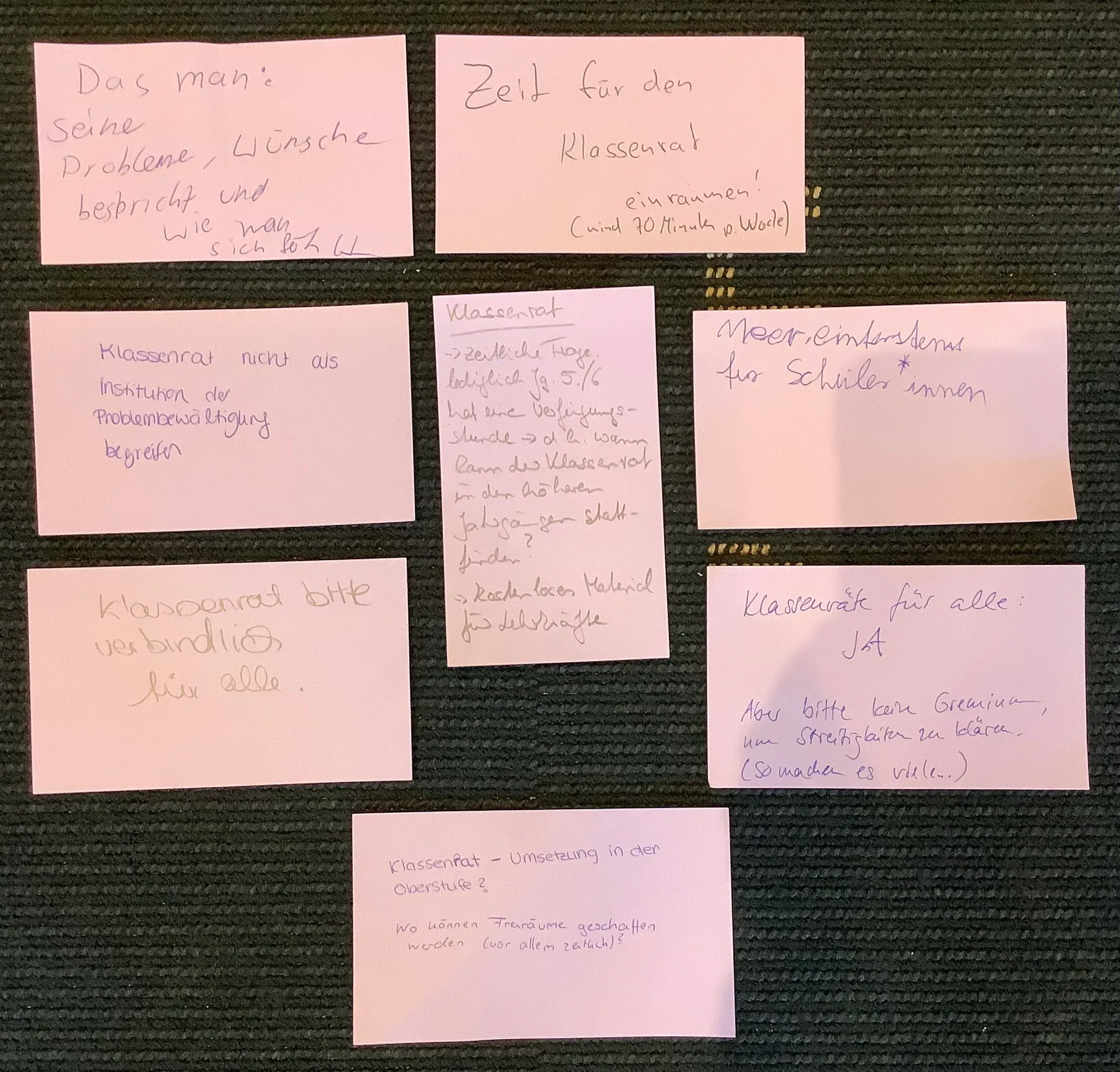 Ausgefüllte Karteikarten an einer Pinnwand.